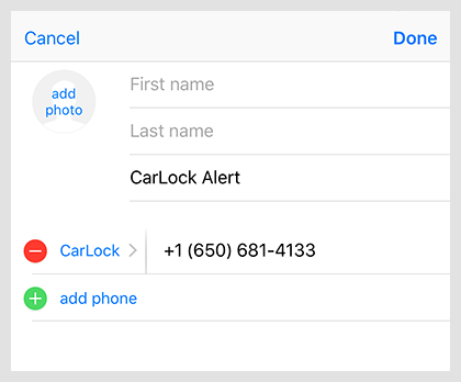 Add CarLock Alert Phone Number to Contacts on iPhone